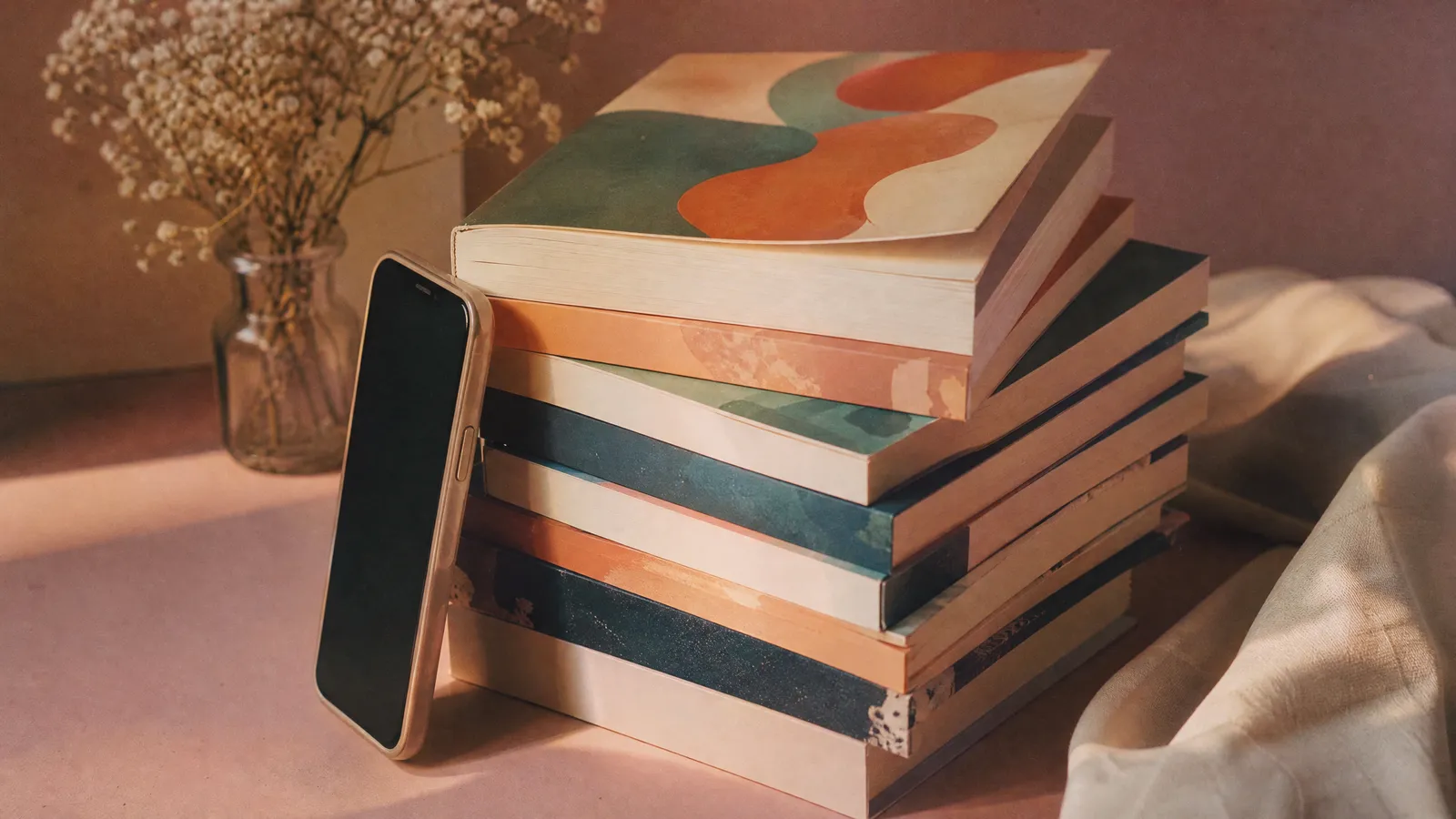 Stapel bunter Bücher auf einem Holztisch, daneben ein Smartphone mit geöffnetem TikTok-Feed