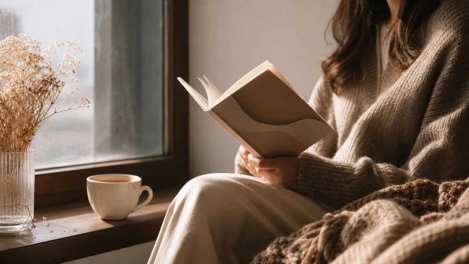 Aufgeschlagenes Buch mit einer Tasse Tee auf einem Holztisch, gedämpftes Licht, ruhige Atmosphäre
