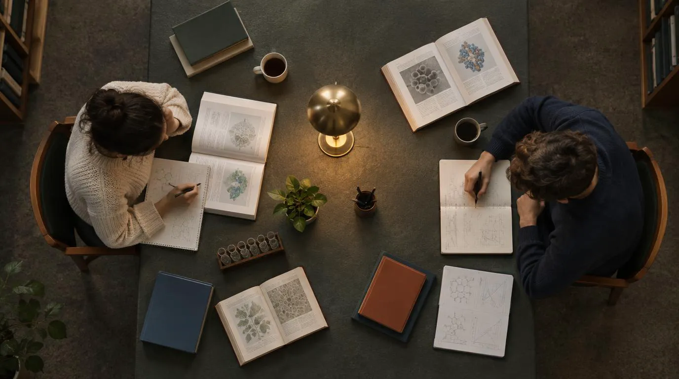 Stapel Romance-Bücher mit Laborbrille und Kaffeebecher auf einem Schreibtisch