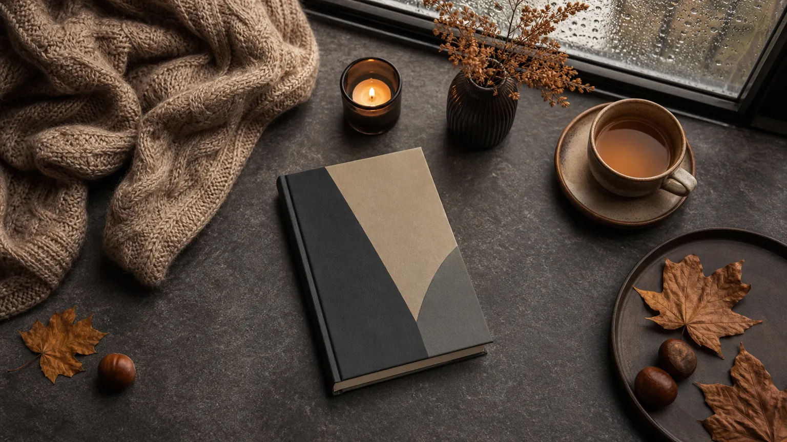 Aufgeschlagenes Cozy-Mystery-Buch mit Tasse Tee und Herbstlicht auf einem Holztisch