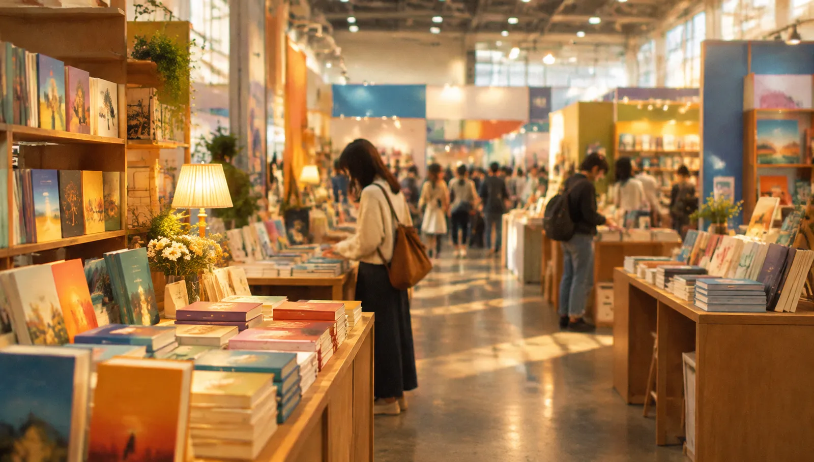 Besucher stöbern zwischen Messeständen mit Büchern in einer Halle der Frankfurter Buchmesse