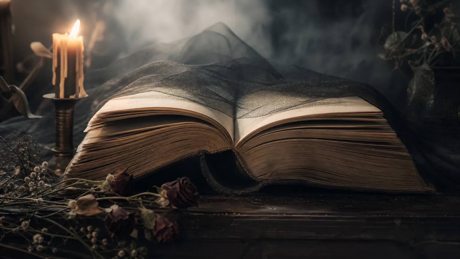 Aufgeschlagenes Buch mit dunkler, nebliger Atmosphäre als Symbol für das Genre Horromance