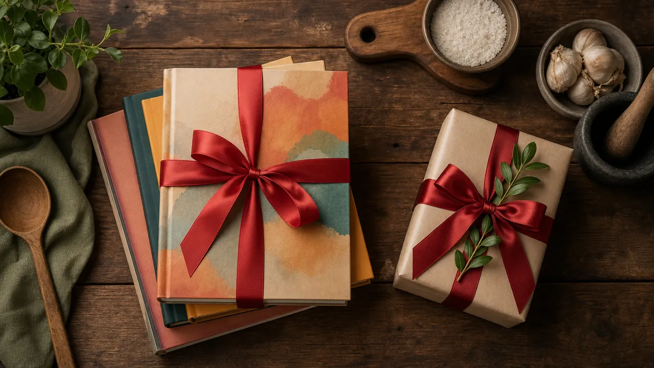 Aufgeschlagenes Kochbuch als Geschenk neben Zutaten auf einem Holztisch