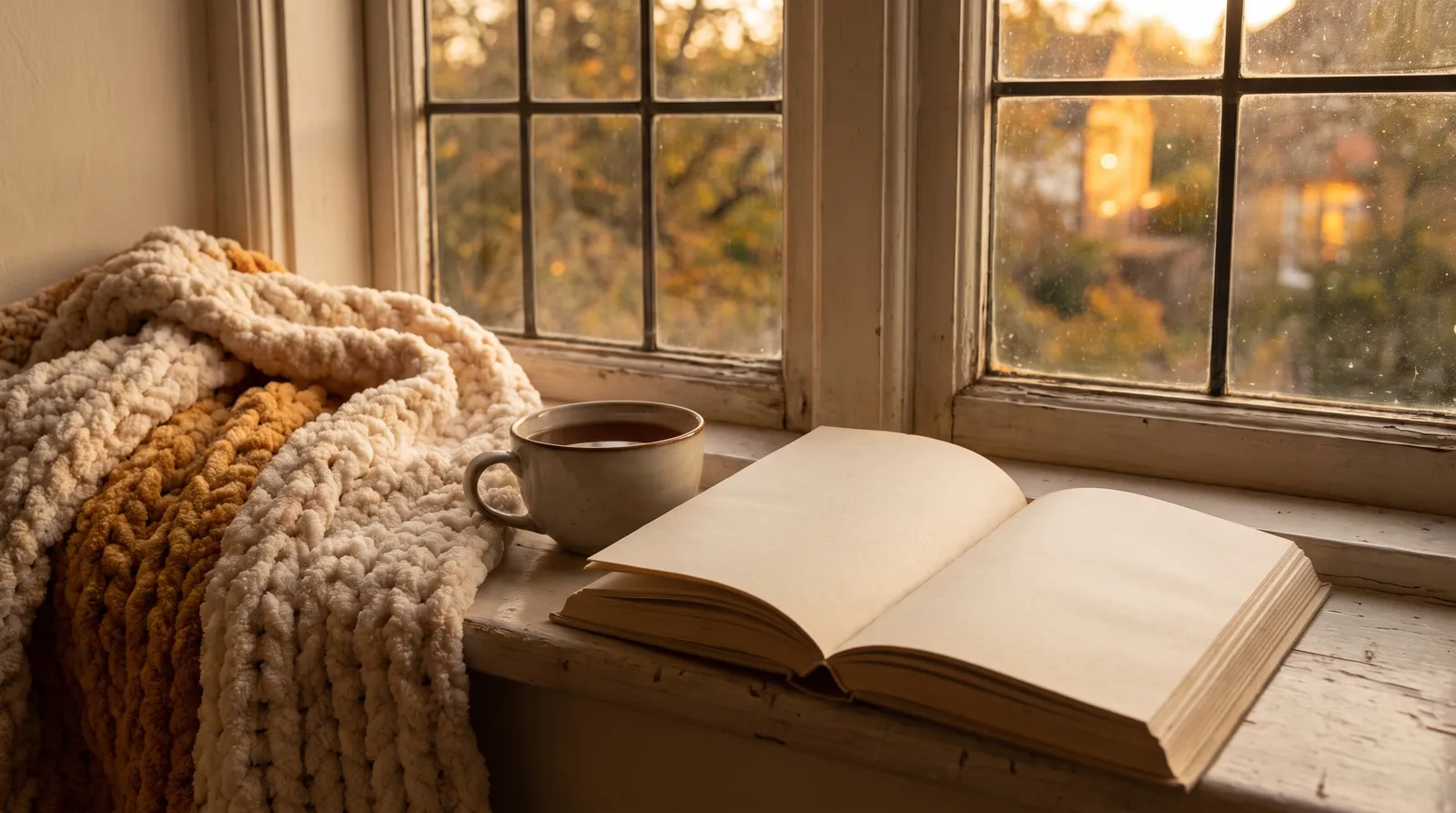 Gemütliche Leseecke mit Decke, Tee und aufgeschlagenem Buch am Fenster im warmen Abendlicht