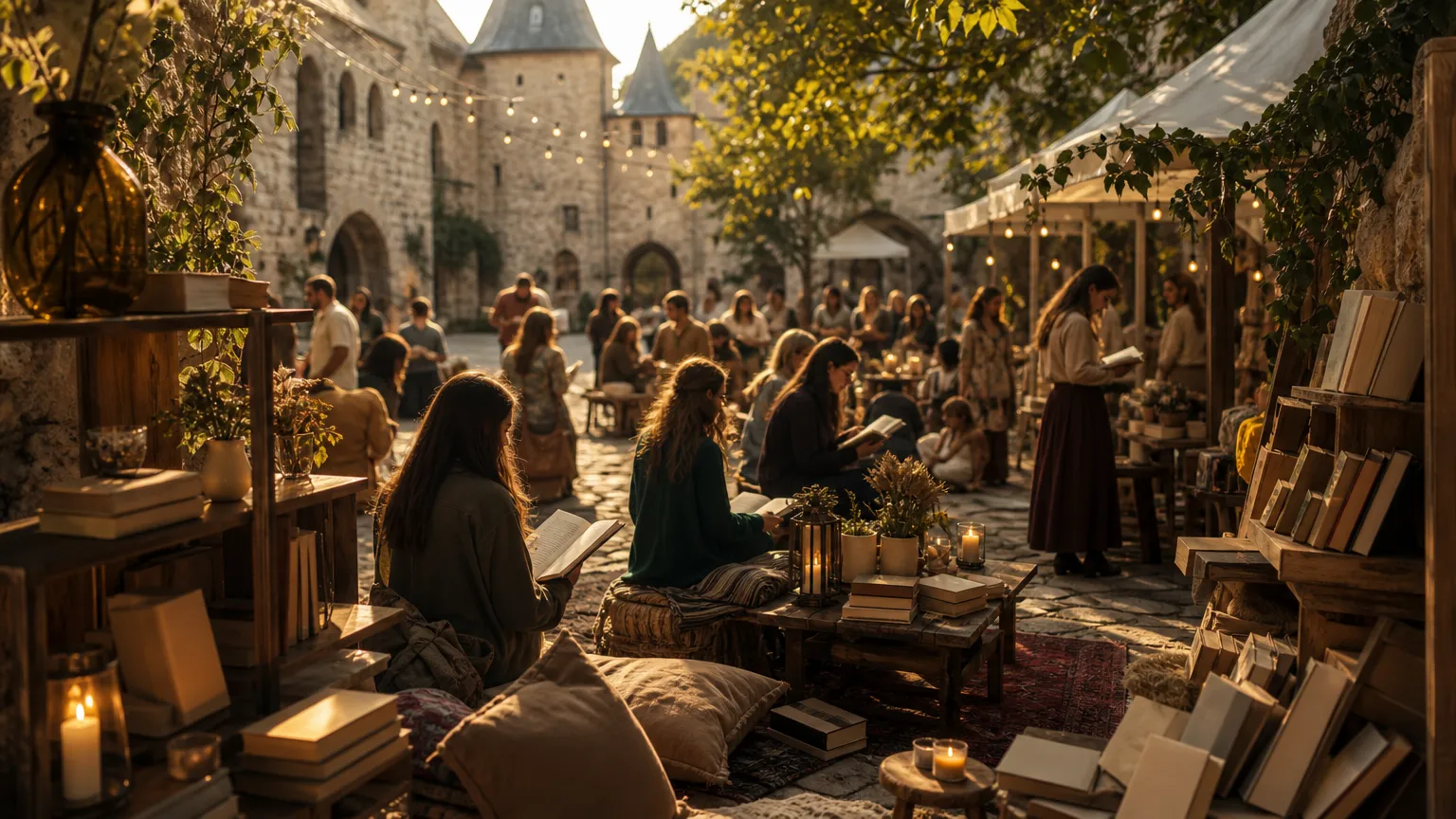 Besucher des Luvvanova Festivals auf Burg Satzvey beim Austausch über Bücher