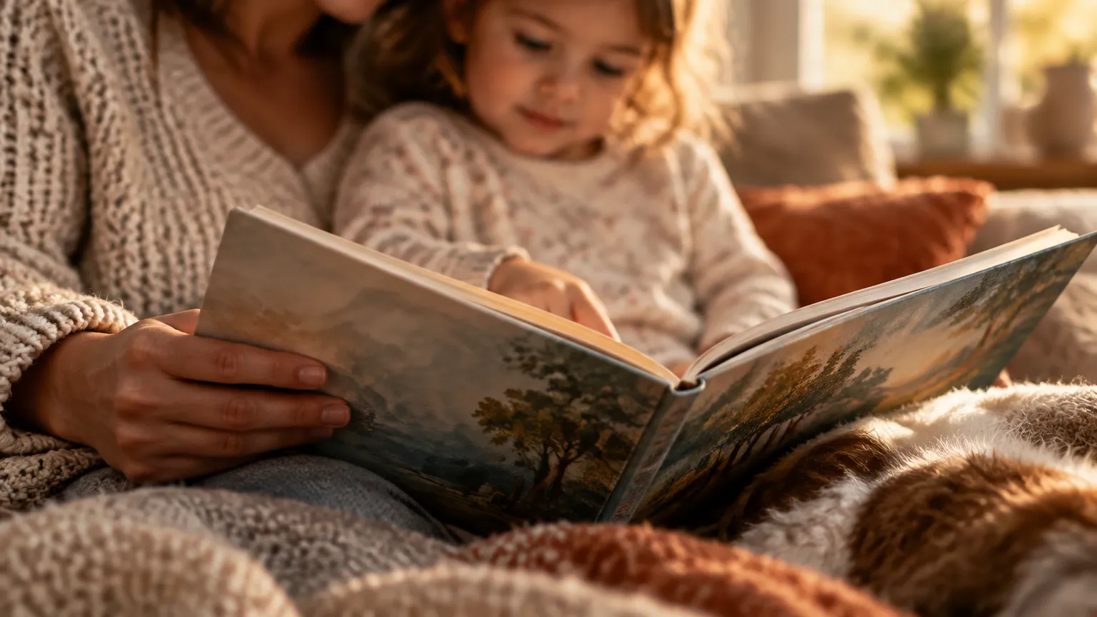 Elternteil liest gemeinsam mit Kind ein Buch am Tisch