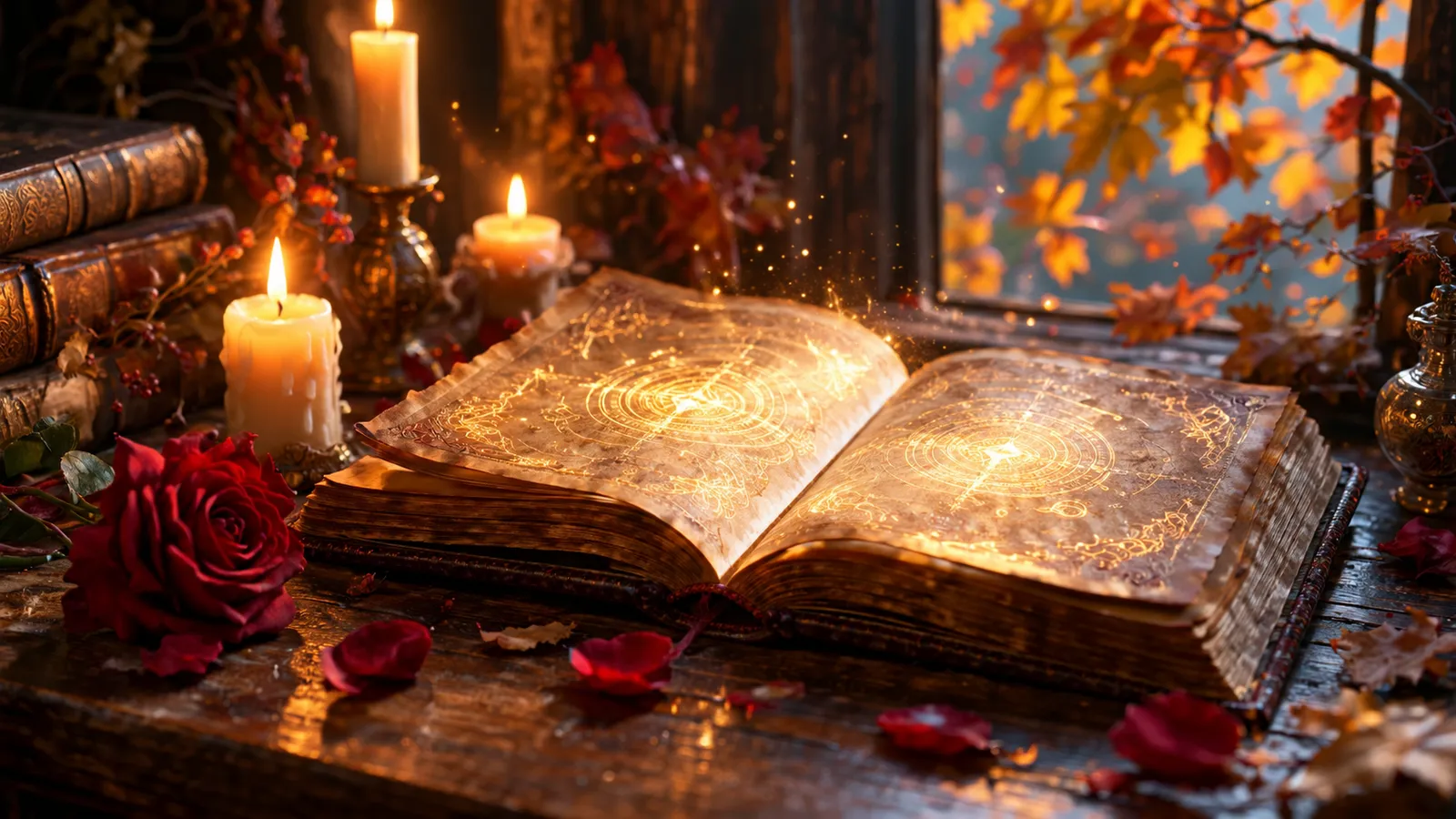 Gestapelte Romantasy-Bücher mit magischen Symbolen auf dunklem Hintergrund
