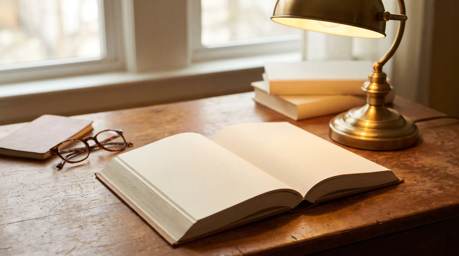 Aufgefächerte Sachbücher mit Lesebrille und Notizbuch auf einem Holztisch im warmen Licht