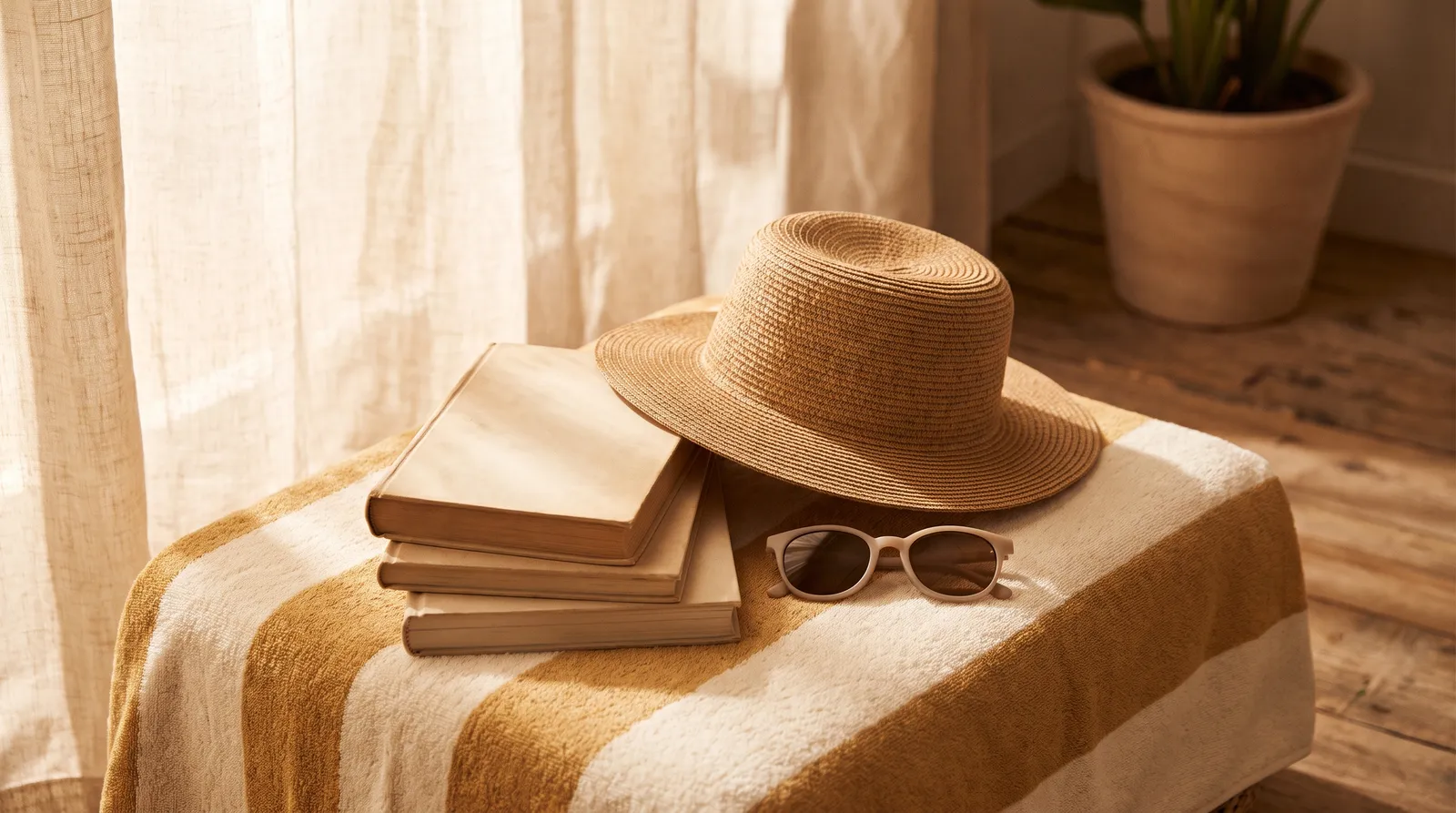 Bücherstapel, Sonnenhut und Sonnenbrille auf einem Strandtuch im warmen Sommerlicht