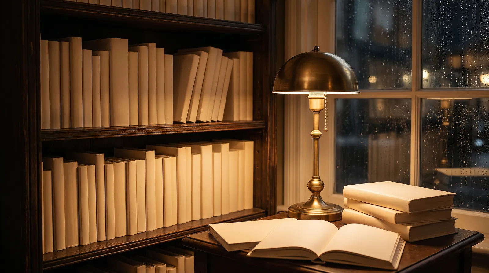 Dunkles Bücherregal mit Thriller-Romanen, einer einzelnen Leselampe und Regentropfen an der Fensterscheibe