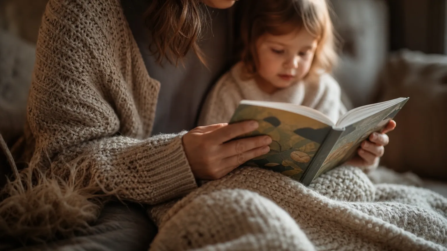 Kind und Erwachsener sitzen zusammen auf einem Sofa und schauen gemeinsam in ein aufgeschlagenes Bilderbuch