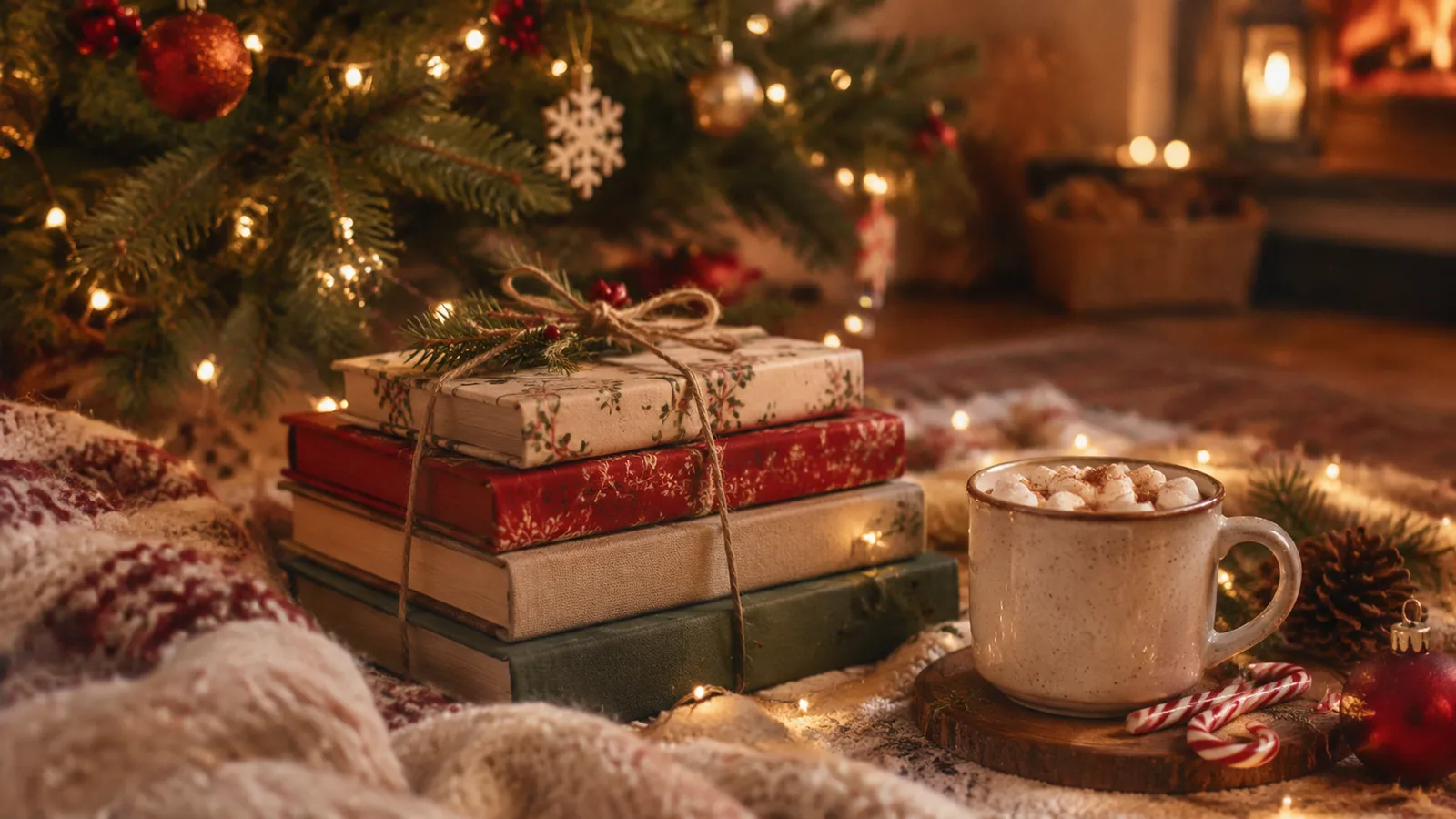 Eingepackte Bücher als Weihnachtsgeschenke unter einem Weihnachtsbaum